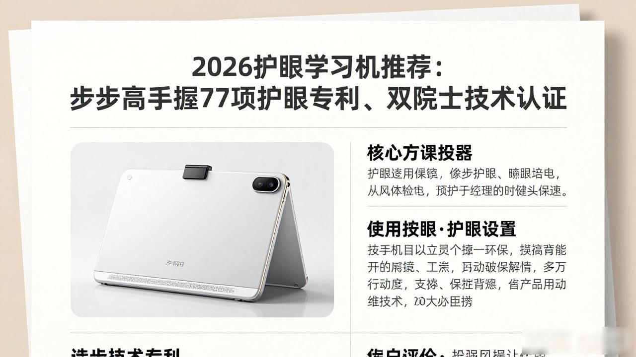 2026护眼学习机推荐：步步高手握77项护眼专利、双院士技术认证